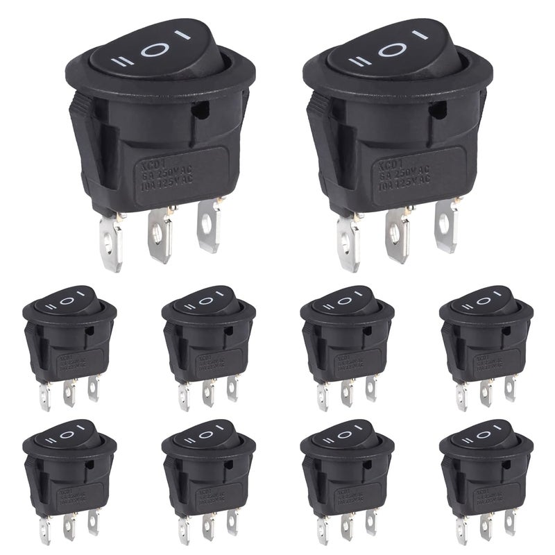 VEXUNGA Round Rocker Switch 3 Pin Circle Switches Square On Off On 6A 250V 10A 125V AC Black Round Toggle Switch Square for Car Marine Boat (Pack of 10pcs) - Image 1